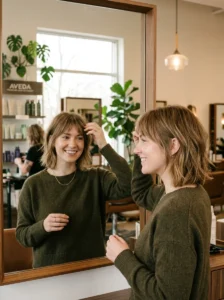 Woman adjusting to new wispy bangs haircut