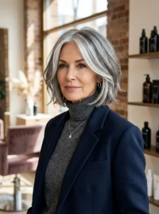 Gray blending layered hairstyle for women over 60 with dimensional silver hair.