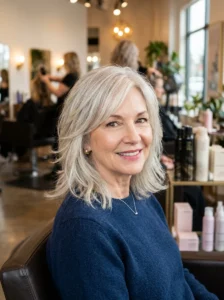 Feathered layered hairstyle for mature women with soft airy texture.