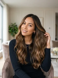 Low-maintenance caramel highlights on brown hair