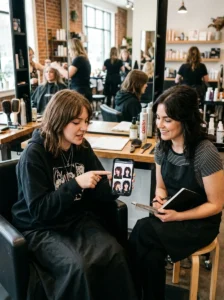 Client discussing a modern emo shag haircut with stylist