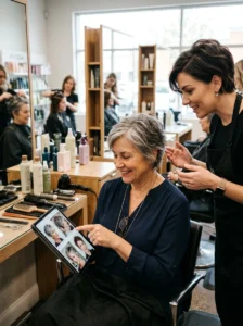 Salon consultation for a modern short haircut