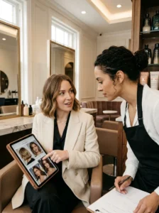 Client discussing old money bob haircut with hairstylist