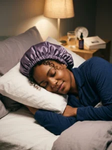 Protecting curly hair overnight with satin bonnet