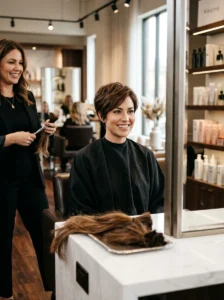 Woman embracing a dramatic short haircut transformation