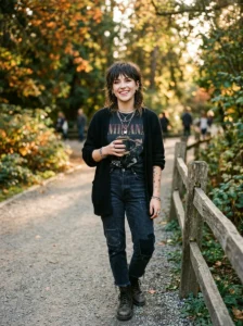Woman confidently wearing a modern emo shag hairstyle