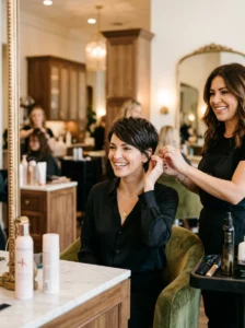 Woman after getting a life-changing pixie haircut transformation in a salon.