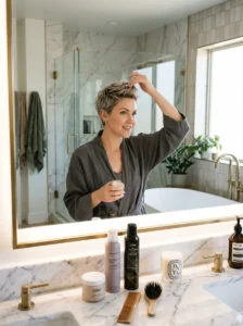 Woman maintaining and styling a modern pixie haircut at home.
