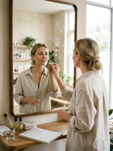 Woman identifying her face shape using a mirror