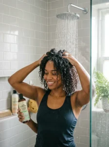 Washing curly hair with sulfate-free shampoo