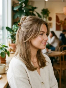 Face-framing layers with half-up claw clip hairstyle
