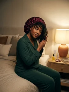 Satin bonnet protecting natural hair overnight