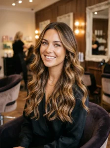 Long balayage hairstyle with soft highlighted waves and dimension.