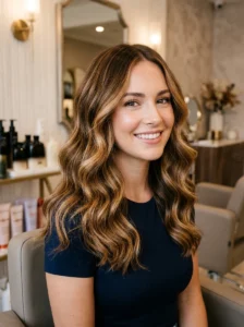 Medium balayage hairstyle with highlighted waves and dimension.