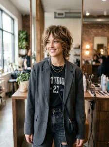 Bixie haircut with layered texture and modern short hairstyle inspiration.