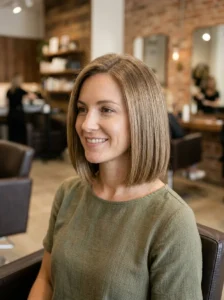 Blunt bob hairstyle for fine hair with fuller-looking volume and sleek texture.