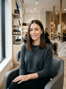 Blunt lob haircut with sleek straight medium-length hair and glossy shine.