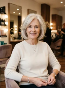 Woman over 60 with a soft layered bob hairstyle and elegant silver-blonde hair.