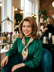 Flipped-out bob hairstyle with retro-inspired outward curls and soft volume.