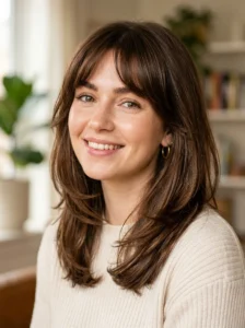 Medium hairstyle with bottleneck bangs and soft layered texture.