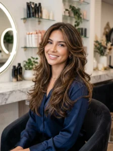 Long layered hairstyle with soft flowing waves and glossy healthy hair.