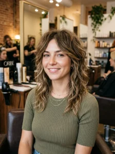 Choppy layered medium hairstyle with textured movement and soft volume.