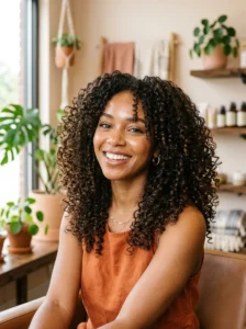Woman with healthy defined curly hair texture