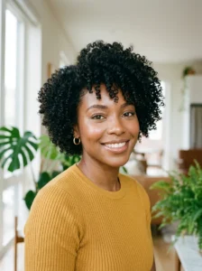 Curly crop hairstyle with defined natural curls and soft volume.