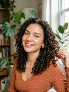 Curly medium-length hairstyle with natural curls and soft volume.