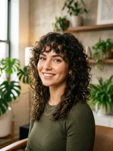 Shoulder-length curly shag hairstyle with textured layered curls.