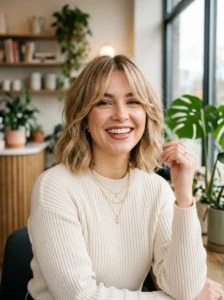 Modern curtain bangs hairstyle with soft face framing effect