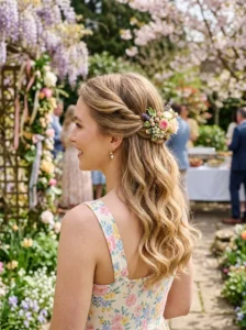 Twisted half-up hairstyle with floral clip