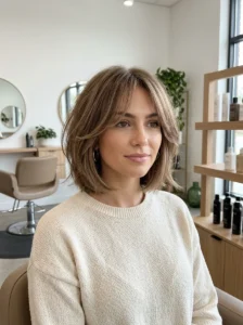Woman with fine thin hair and voluminous layered haircut