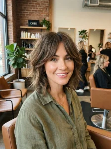 Grown-out hairstyle with natural layers and longer bangs
