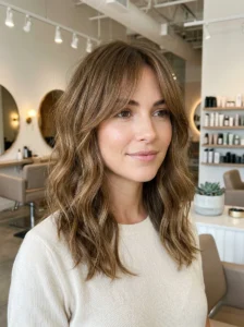 Woman with soft natural wavy hairstyle and curtain bangs