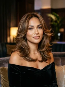 Butterfly layered medium hairstyle with voluminous soft movement.