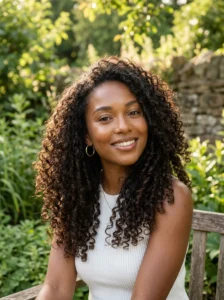 Long curly hairstyle with defined natural curls and volume.