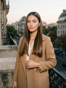 Sleek straight long hairstyle with glossy glass hair finish.