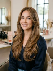 Long hairstyle with face-framing layers and soft glamorous movement.