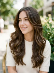 Long layered hairstyle with soft flowing waves and glossy healthy hair.