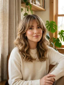 Medium hairstyle with curtain bangs and soft face-framing layers.
