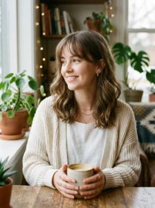 Medium hairstyle with wispy bangs and soft romantic layers.