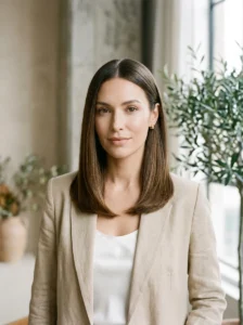 Middle-part medium hairstyle with sleek glossy straight hair.