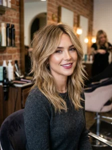 Razor-cut medium hairstyle with feathered layers and texture.