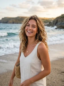 Beachy medium hairstyle with soft summer waves and texture.