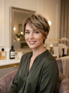 Soft pixie cut hairstyle with feathered layers and feminine short hair styling.