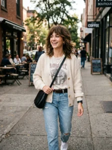 Medium shag haircut with textured layers and effortless modern styling.