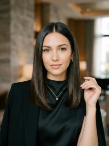 Sleek straight medium hairstyle with glossy smooth hair and middle part.
