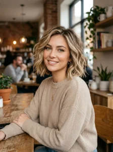 Textured bob haircut with messy waves and effortless cool-girl styling.