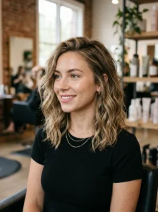Textured lob hairstyle with soft messy waves and layered movement.